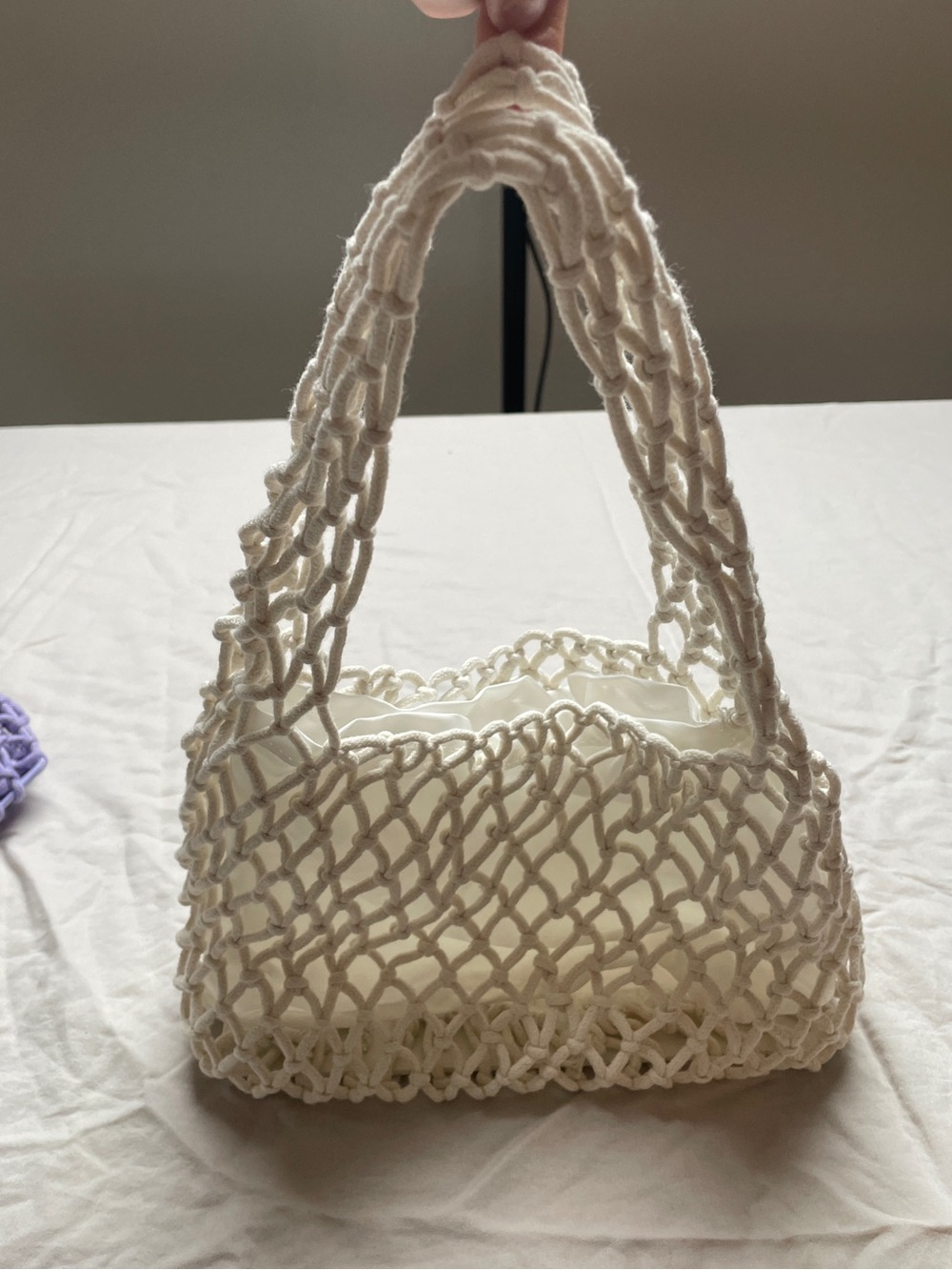 White Crochet Knit Open Weave Hand Bag, lined